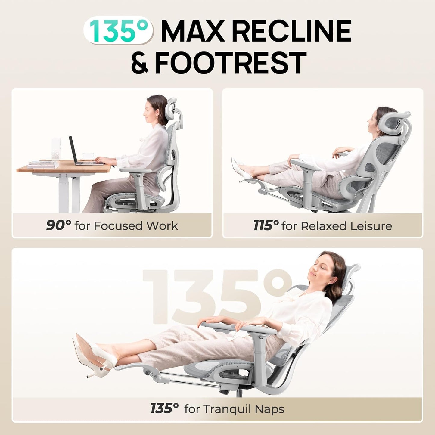 Ergonomic Mesh Office Chair with Footrest and Lumbar Support, Adjustable Gaming Chair with Multi-Tilt Backrest, Headrest, and 3D Armrests, Sturdy Steel Base, Grey