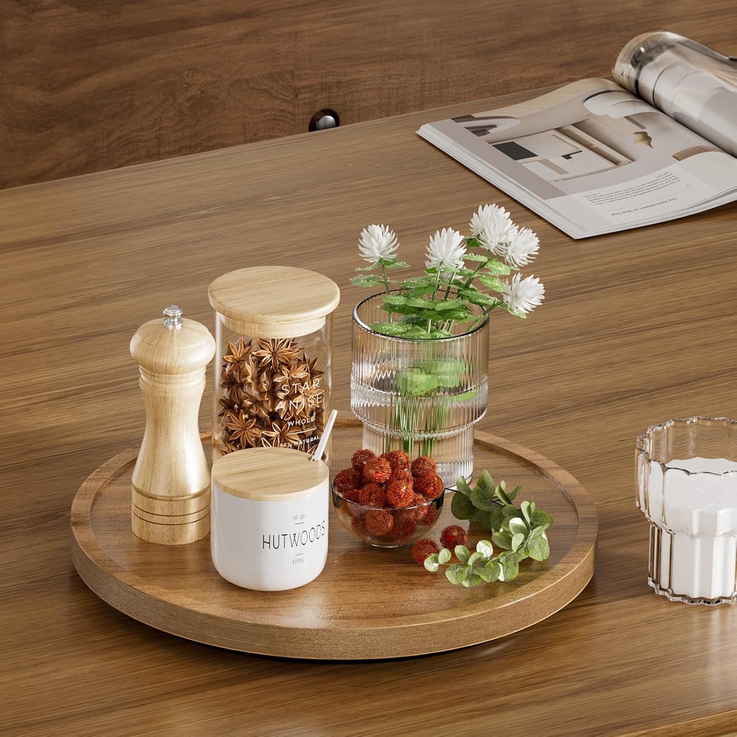10'' Acacia Wood Lazy Susan Organizer for Table Top, Lazy Susan Turntable for Cabinet, Kitchen, Countertop, Pantry Organization