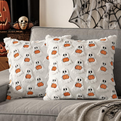 Halloween Pillow Covers Decorative Fall Cute Ghost Plush Faux Fur Pillows 18X18 Inch Set of 2 Soft Pumpkin Accents for Sofa Couch Bed Living Room Festive Home Decor, White Bright Orange
