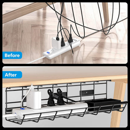 2 Pack  under Desk Cable Management Tray, Metal Cord Cable Organizer for Desk, Easy Install Pre-Drilled Wire Management Wire Organizer for Office & Home