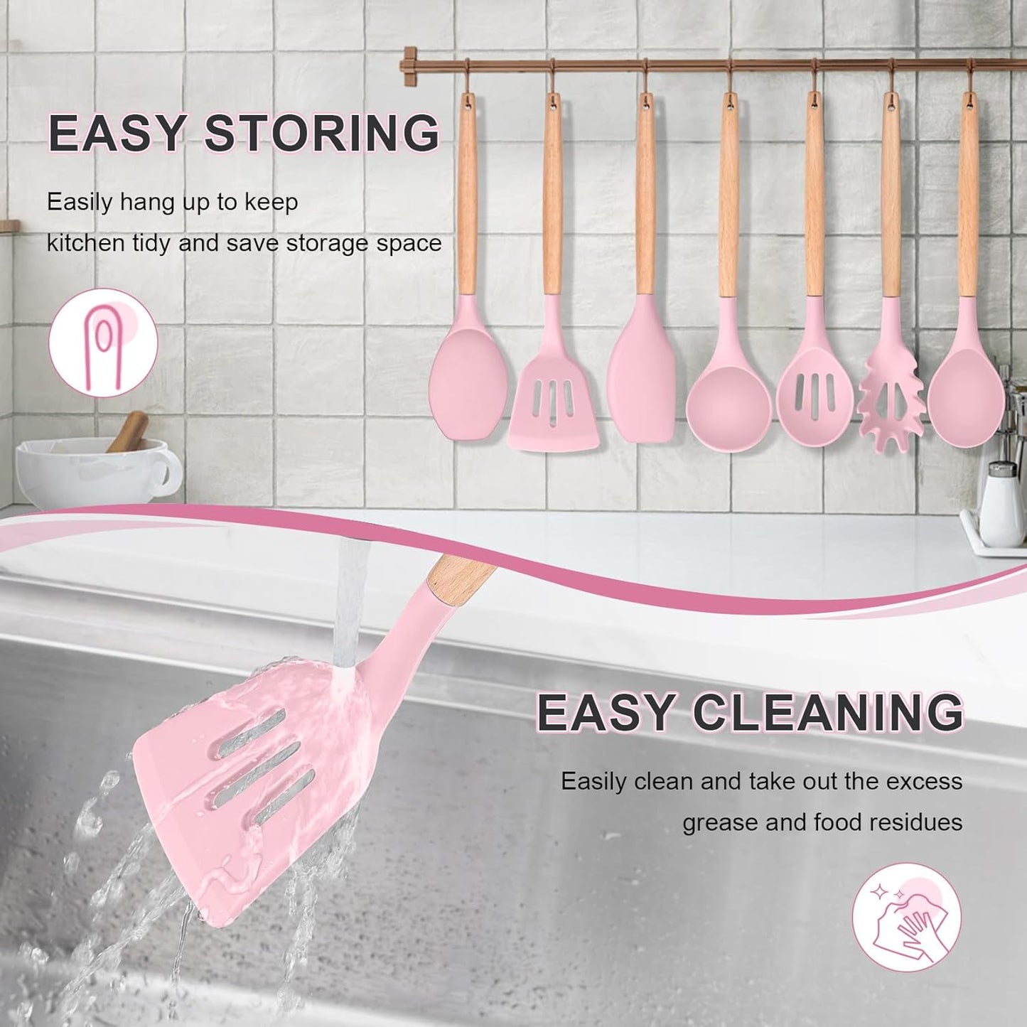 Silicone Cooking Utensils Set, 8-Piece Kitchen Cooking Utensil with Wooden Handle, Silicone Spatula for Nonstick Cookware, Heat-Proof & Easy Clean, Pink