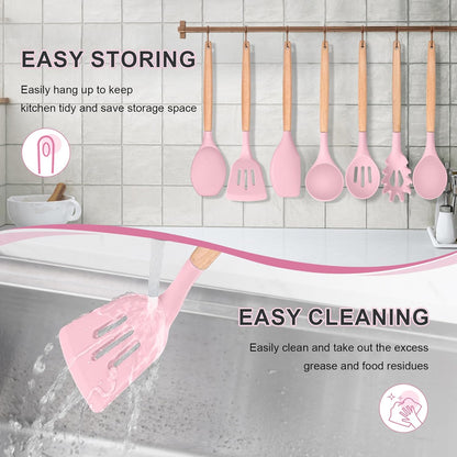 Silicone Cooking Utensils Set, 8-Piece Kitchen Cooking Utensil with Wooden Handle, Silicone Spatula for Nonstick Cookware, Heat-Proof & Easy Clean, Pink