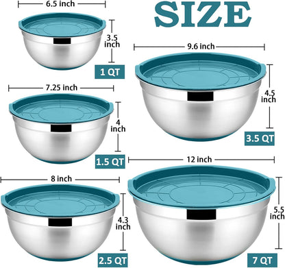 Mixing Bowls with Lids Set of 5, Stainless Steel Nesting Salad Bowl with Lid & Base for Non-Slip Mixing Prepping Storing Serving, 5 Sizes-7/3.5/2.5/1.5/1 QT, Blue