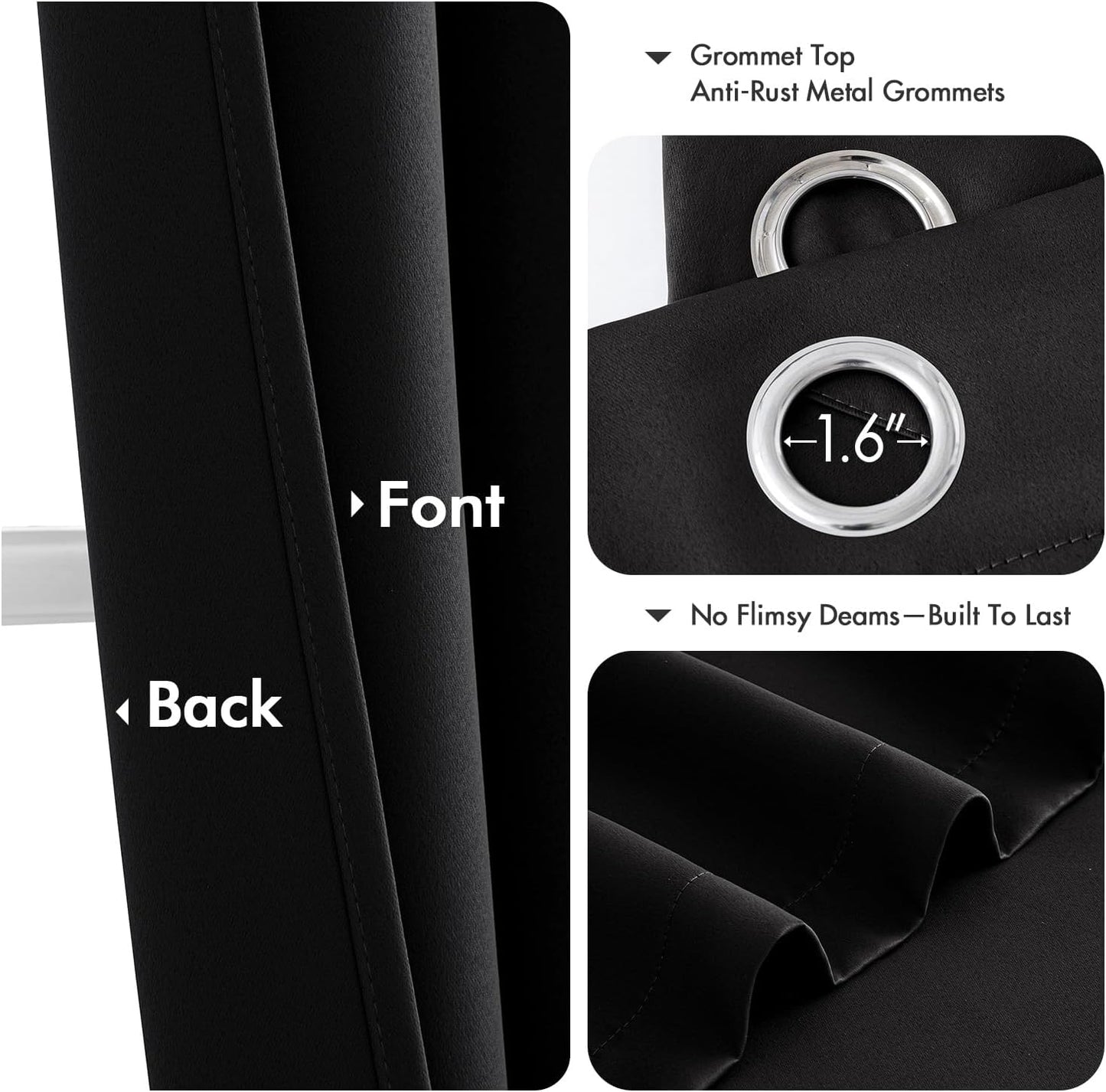 Black Blackout Curtains for Bedroom Living Room 63 Inches Long 2 Panels, Thermal Insulated Room Darkening Drapes Solid Grommet Top Noise Reduction Light Blocking Halloween Window Treatments