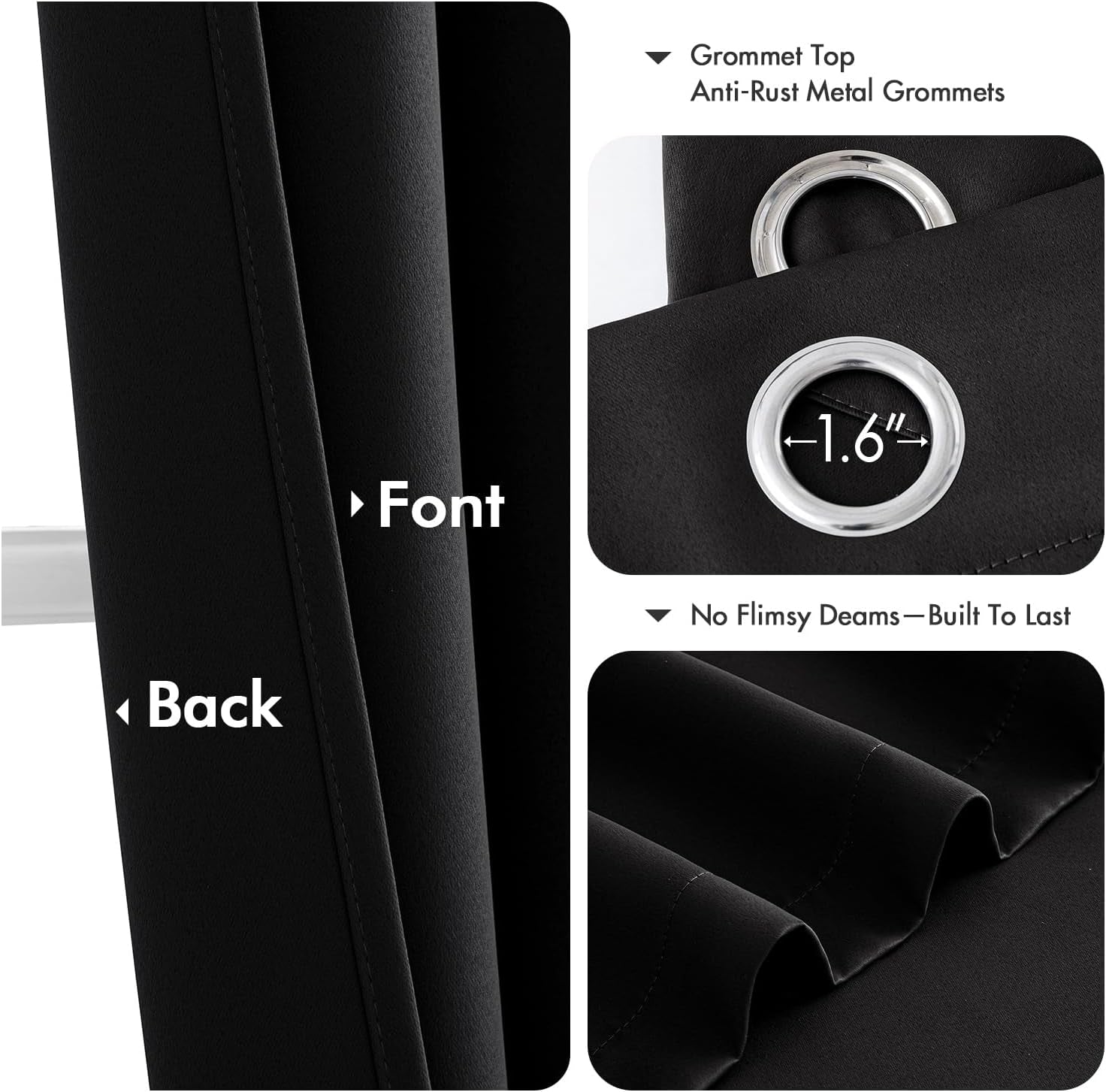 Black Blackout Curtains for Bedroom Living Room 63 Inches Long 2 Panels, Thermal Insulated Room Darkening Drapes Solid Grommet Top Noise Reduction Light Blocking Halloween Window Treatments