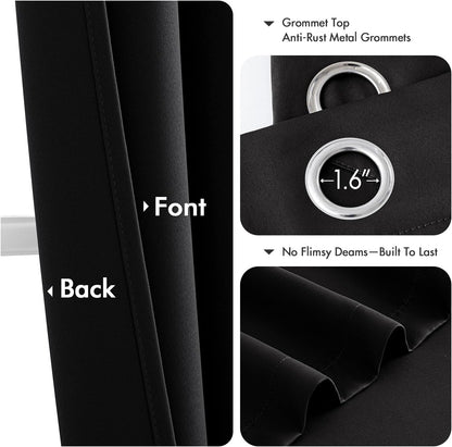 Black Blackout Curtains for Bedroom Living Room 63 Inches Long 2 Panels, Thermal Insulated Room Darkening Drapes Solid Grommet Top Noise Reduction Light Blocking Halloween Window Treatments