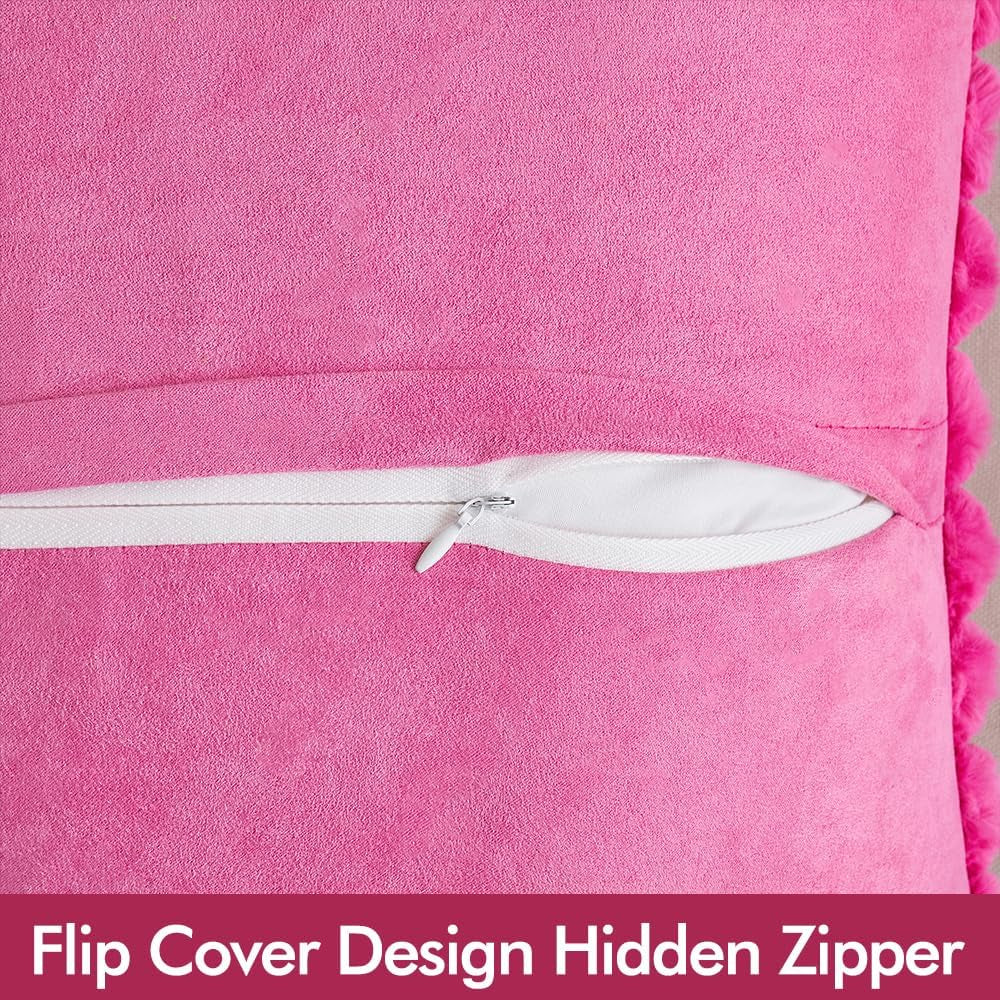 Faux Fur Plush Decorative Throw Pillow Covers Set of 2 Luxury Soft Fluffy Striped Pillowcases Cushion for Spring Sofa Couch Bed Living Room Hot Pink 18X18 Inch