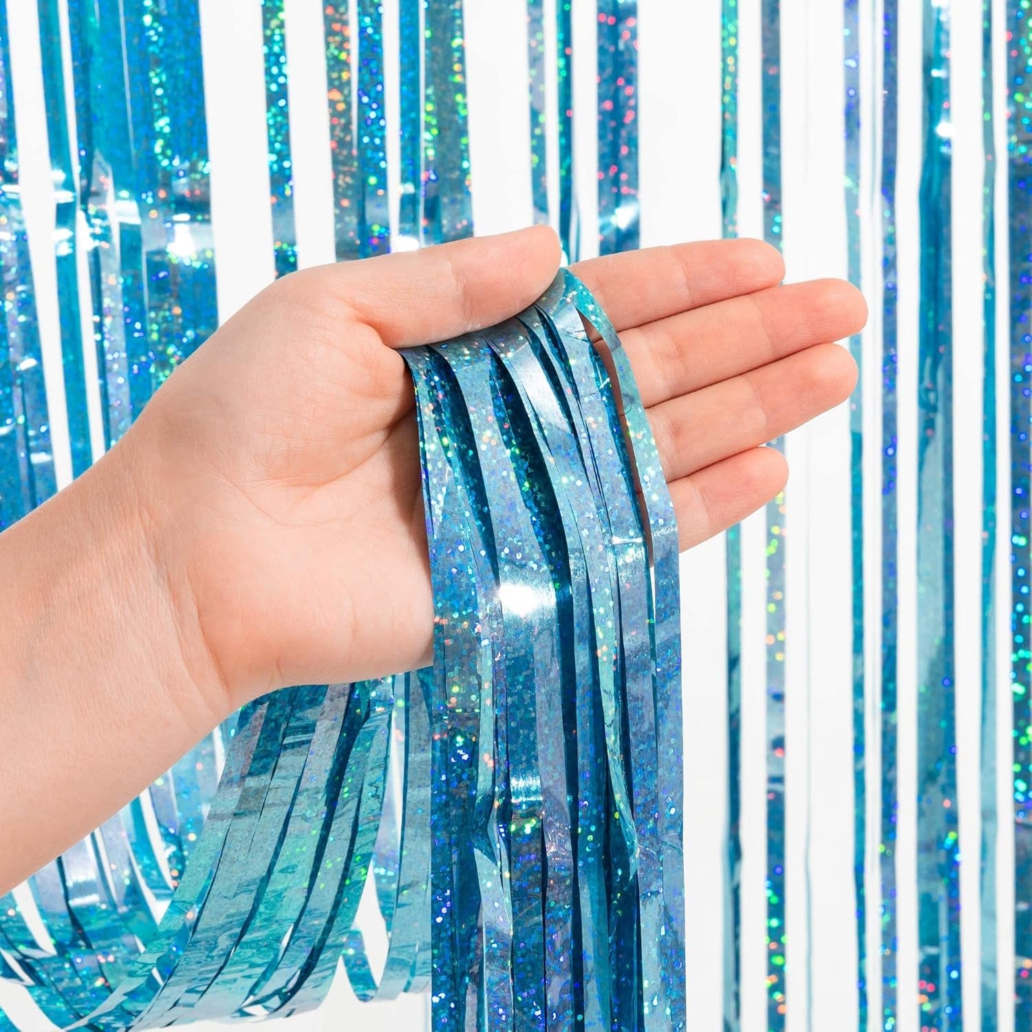 Blue Tinsel Curtain Party Backdrop and Holographic Banner for Frozen Decorations