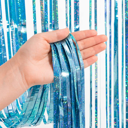 Blue Tinsel Curtain Party Backdrop and Holographic Banner for Frozen Decorations