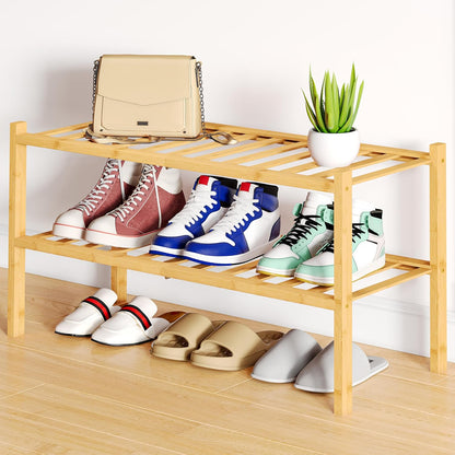 Shoe Rack, 2 Tier Bamboo Shoe Organizer, Stackable Free Standing Wooden Shoe Storage Shelf for Closet, Entryway, Front Door Entrance, Natural
