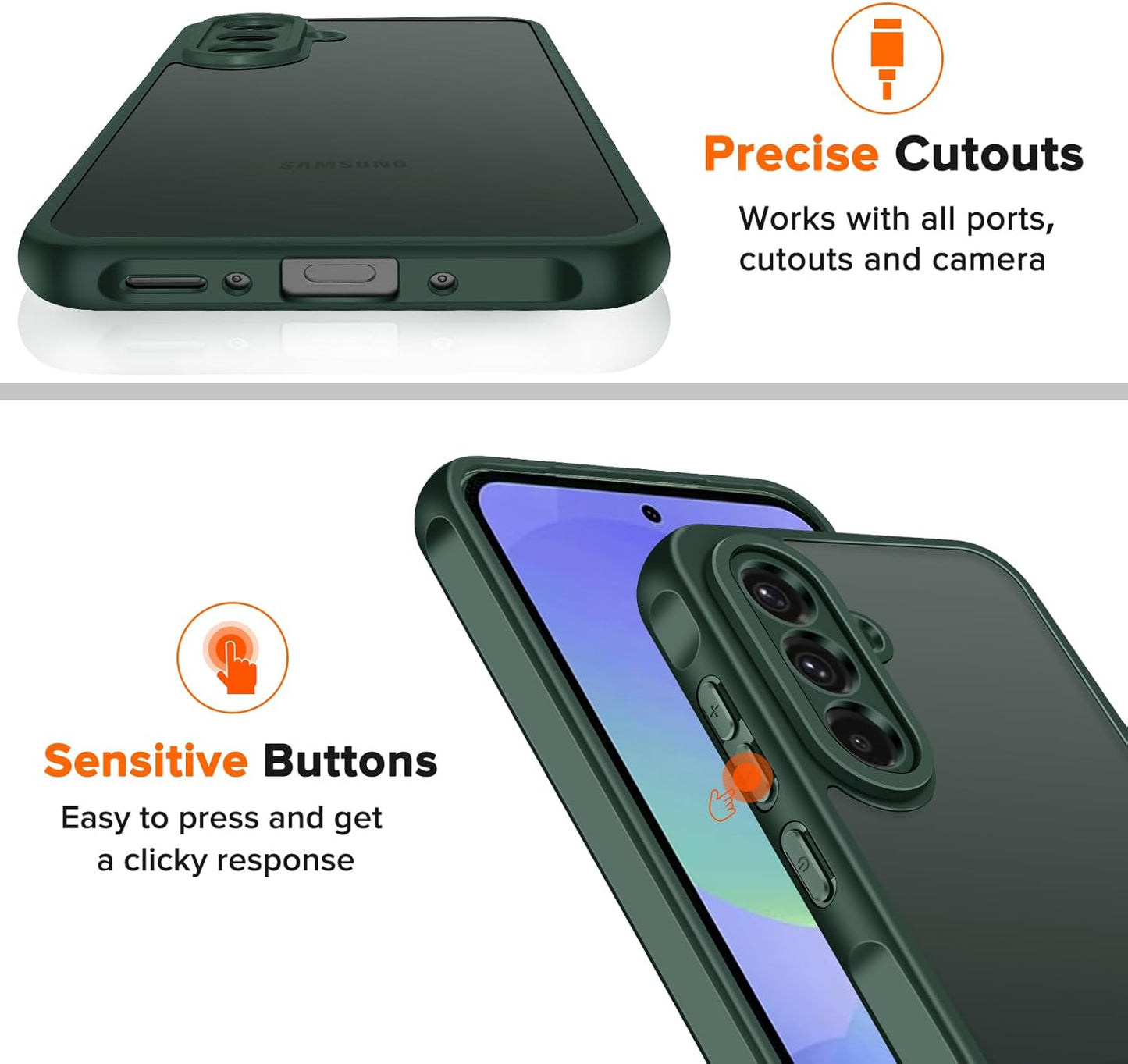 3-In-1 Case for Samsung Galaxy A36 5G 6.7" 2025 with 2 Pack Tempered Glass Screen Protector [Military Grade Protection], Frosted Translucent Back Phone Cover- Green