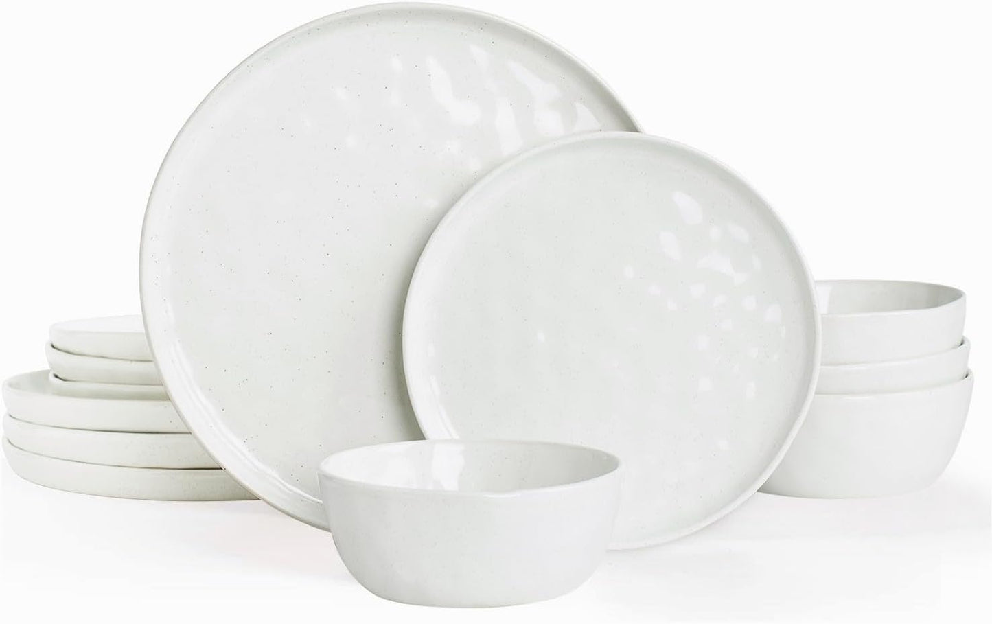 12-Piece Ocean Round Dinnerware Set for 4, Reactive Glaze, Microwave and Dishwasher Safe, Scratch Resistant, Cappuccino White