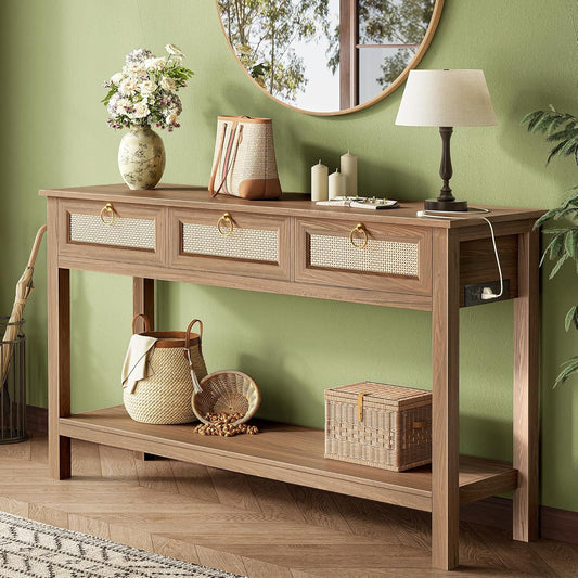 Rattan Console Sofa Table with Integrated Outlets and USB-C Port, 3-Drawer Entryway Table with Synthetic Rattan Surface and Open Shelf for Foyer and Hallway Storage, Brown