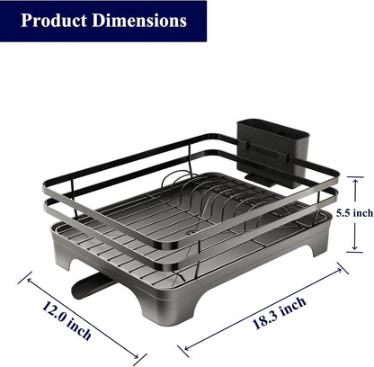 Dish Drying Rack - Multi-Functional Dish Rack for Kitchen Counter with Cutlery Holder, Rust-Proof Storage Solution with Rotatable, 18.3" X 12.0" X 5.5", Black