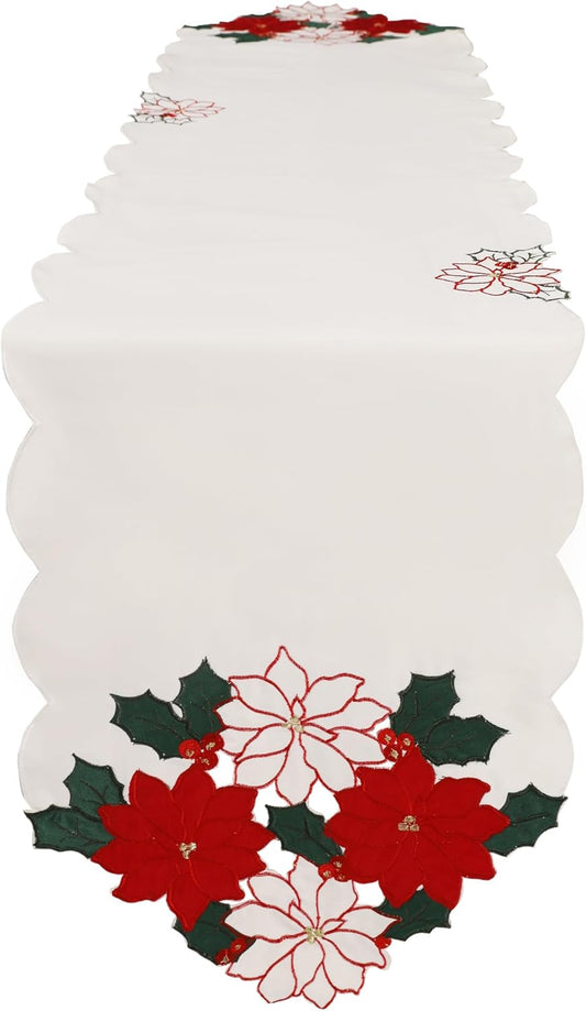 Christmas White Table Runner 13X70 Inches Long, Embroidered Red Poinsettia Flower Christmas Runner for Table, Xmas Dresser Scarves Holiday Parties Kitchen Farmhouse Dinner Decor