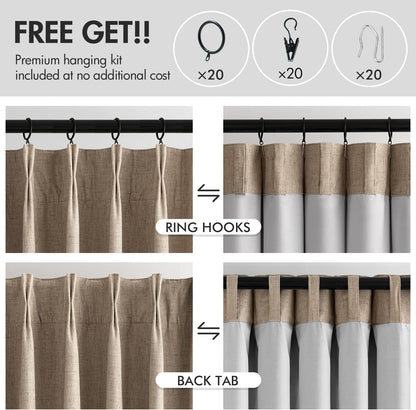 Copper Brown 100% Blackout Linen Pinch Pleated Curtains - Room Darkening Drapes for Bedroom and Living Room, 84 Inches Long, Set of 2 Panels with Pin Hooks