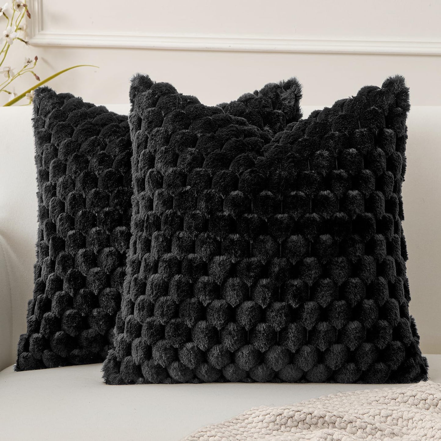 Black Faux Fur Decorative Throw Pillow Covers 18X18 Inch Set of 2 Super Soft Cozy Plush Cushion Cases Luxury Fluffy Pillowcases for Sofa Couch Bed Living Room