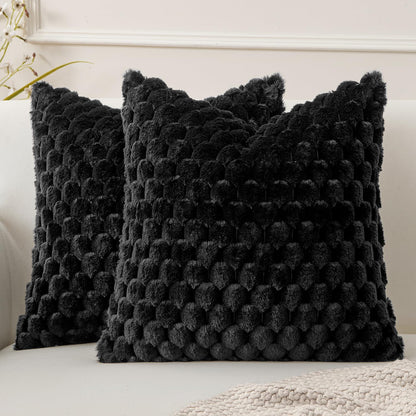 Black Faux Fur Decorative Throw Pillow Covers 18X18 Inch Set of 2 Super Soft Cozy Plush Cushion Cases Luxury Fluffy Pillowcases for Sofa Couch Bed Living Room