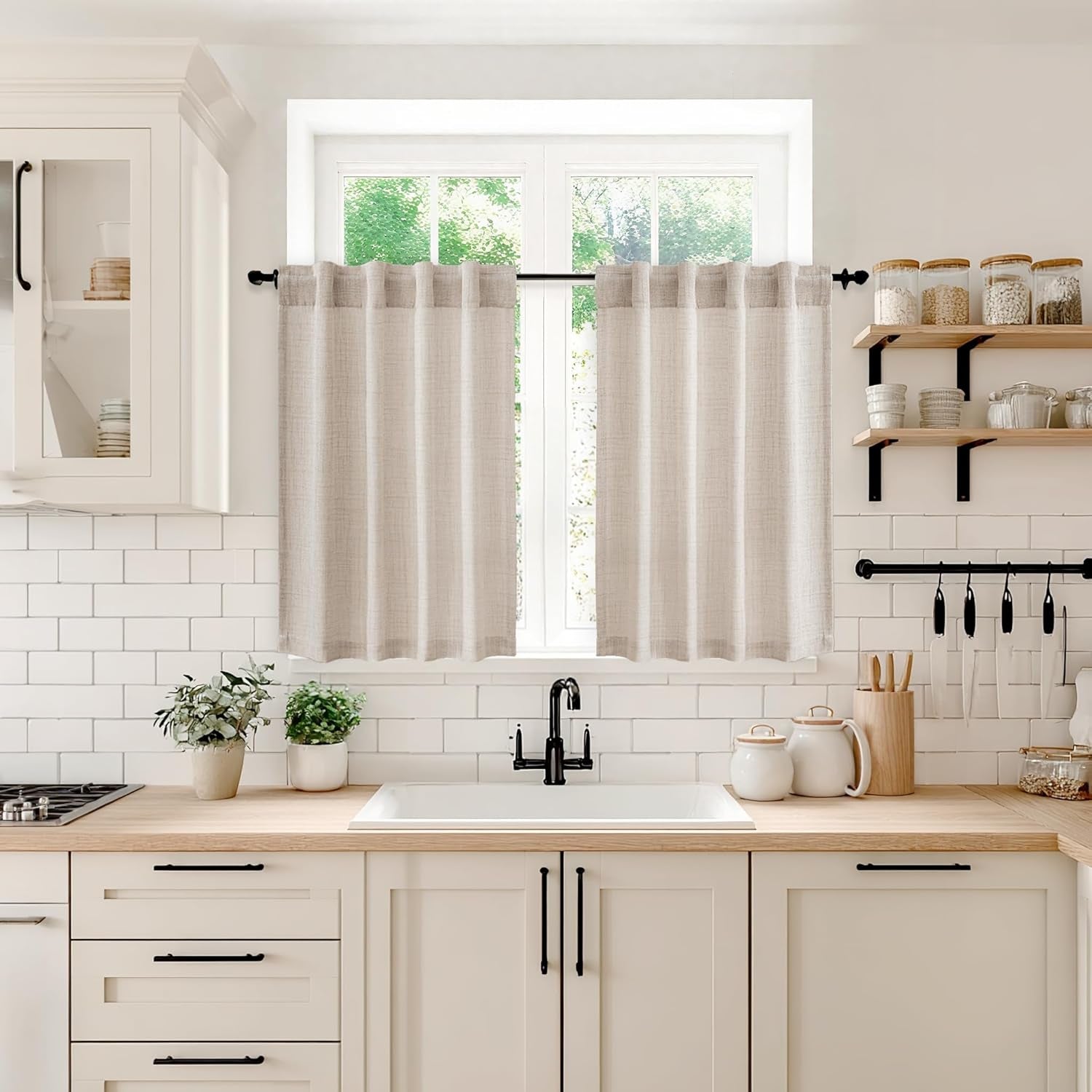Linen Textured Small Kitchen Window Curtains over Sink, Semi Sheer Farmhouse Cafe Curtain 36 Inch Long Short Back Tab Half Window Curtains for Bathroom Basement 2 Panels