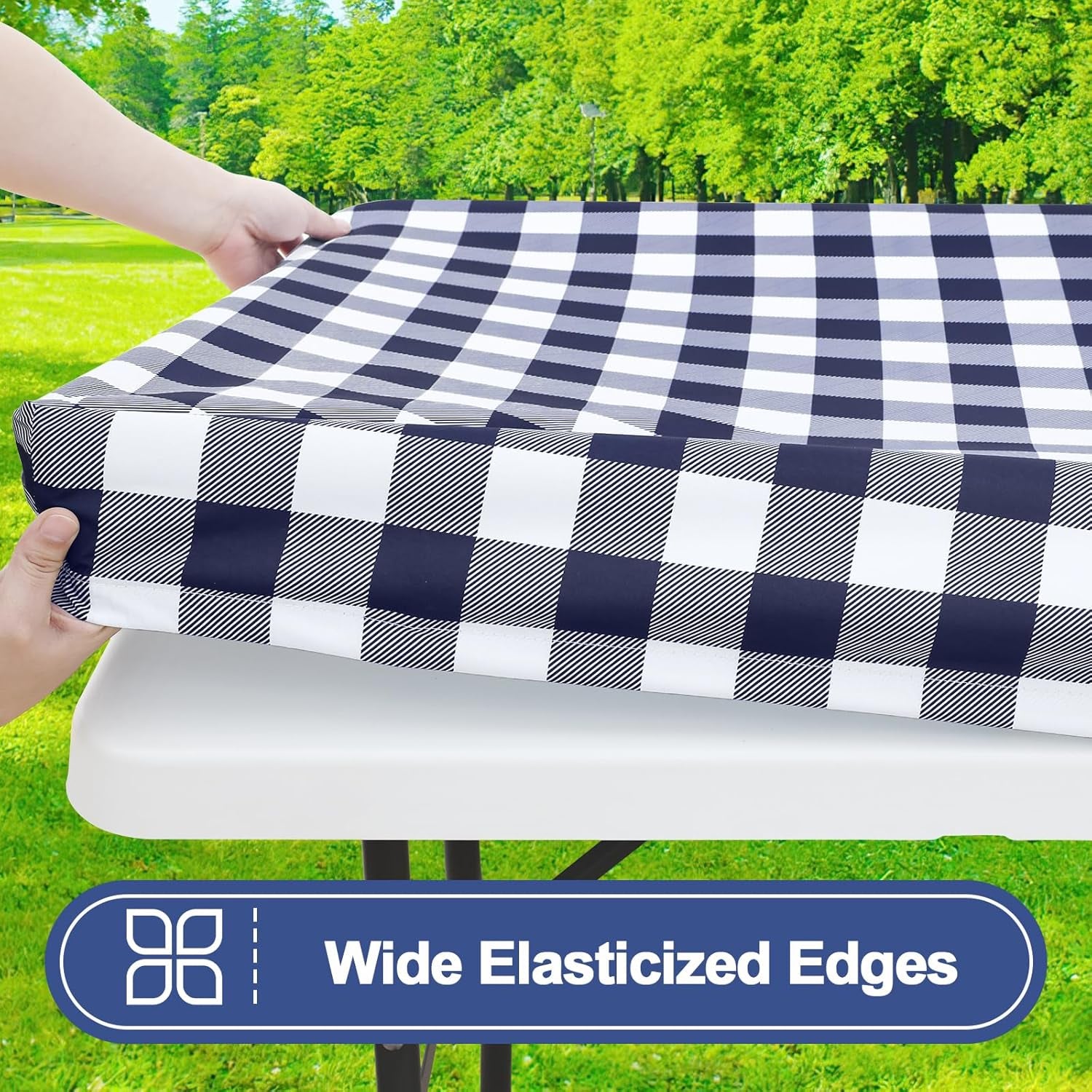 Picnic Table Cloth 2 Pack, Waterproof Elastic Fitted Tablecloths for 6FT Rectangle Tables, Washable Polyester Buffalo Plaid Tablecloth for Camping, Dining & Outdoor (Navy & White, 30" X 72")