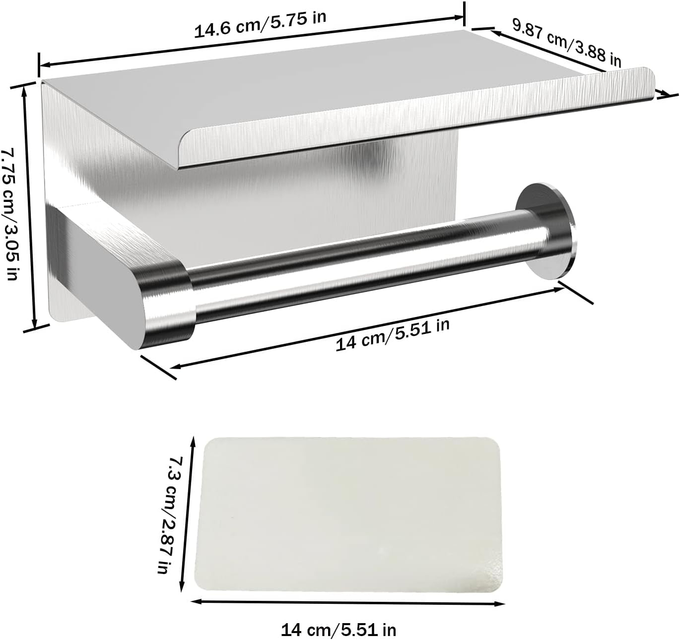 Adhesive Toilet Paper Holder with Phone Shelf, Wall Mounted or Adhesive, Rustproof Toilet Paper Roll Holder- Silver