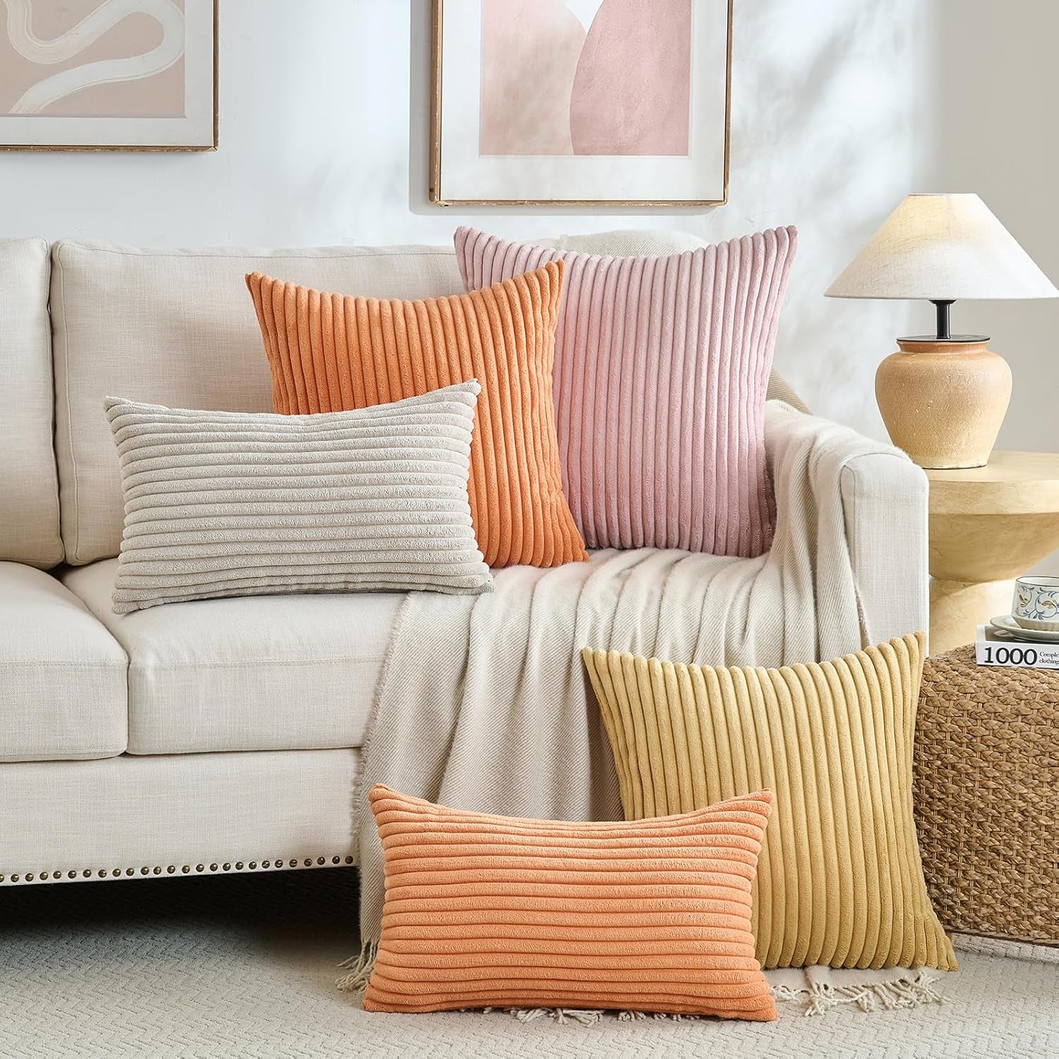 Set of 2 Blush Pink Boho Decorative Throw Pillow Covers 16X16 Inch for Couch Bed Sofa, Aesthetic Modern Bohemian Room Decor, Soft Fuzzy Fluffy Cozy Corduroy Textured Cushion Case 40X40Cm