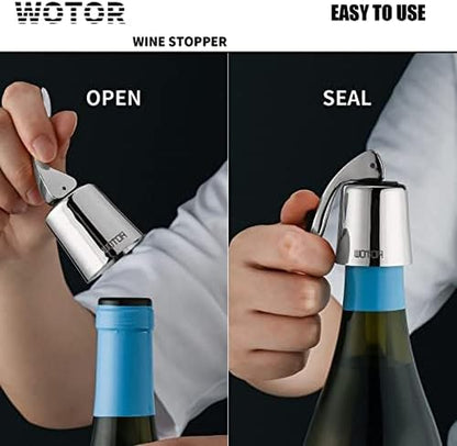 Stainless Steel Wine Bottle Stoppers with Silicone - Reusable Wine Saver and Decorative Bottle Sealer, Leakproof, Keep Fresh, Silver, 2 Pack