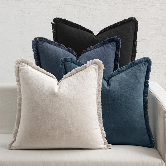 Christmas Decorative Couch Pillow Covers Neutral Linen Fringe Throw Pillows Set of 4 Boho Farmhouse Cushion Modern Pillowcases for Bed Sofa Living Room Home Decor 18X18 Inch Beige/Coastal Blue