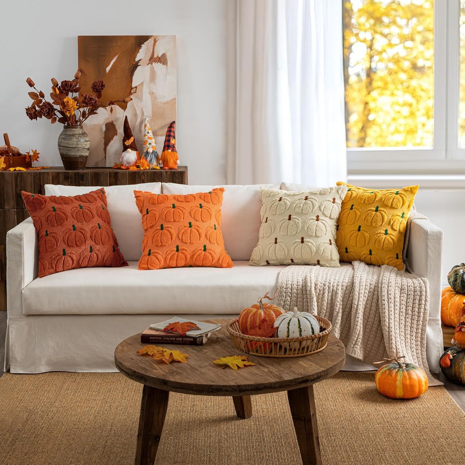 Autumn-Inspired Pumpkin Throw Pillow Covers Set of 2 - Mustard Yellow and Green Stem, 18 x 18 Inches, Soft Plush Faux Fur Decorative Cushions for Home, Porch, and Halloween Decor