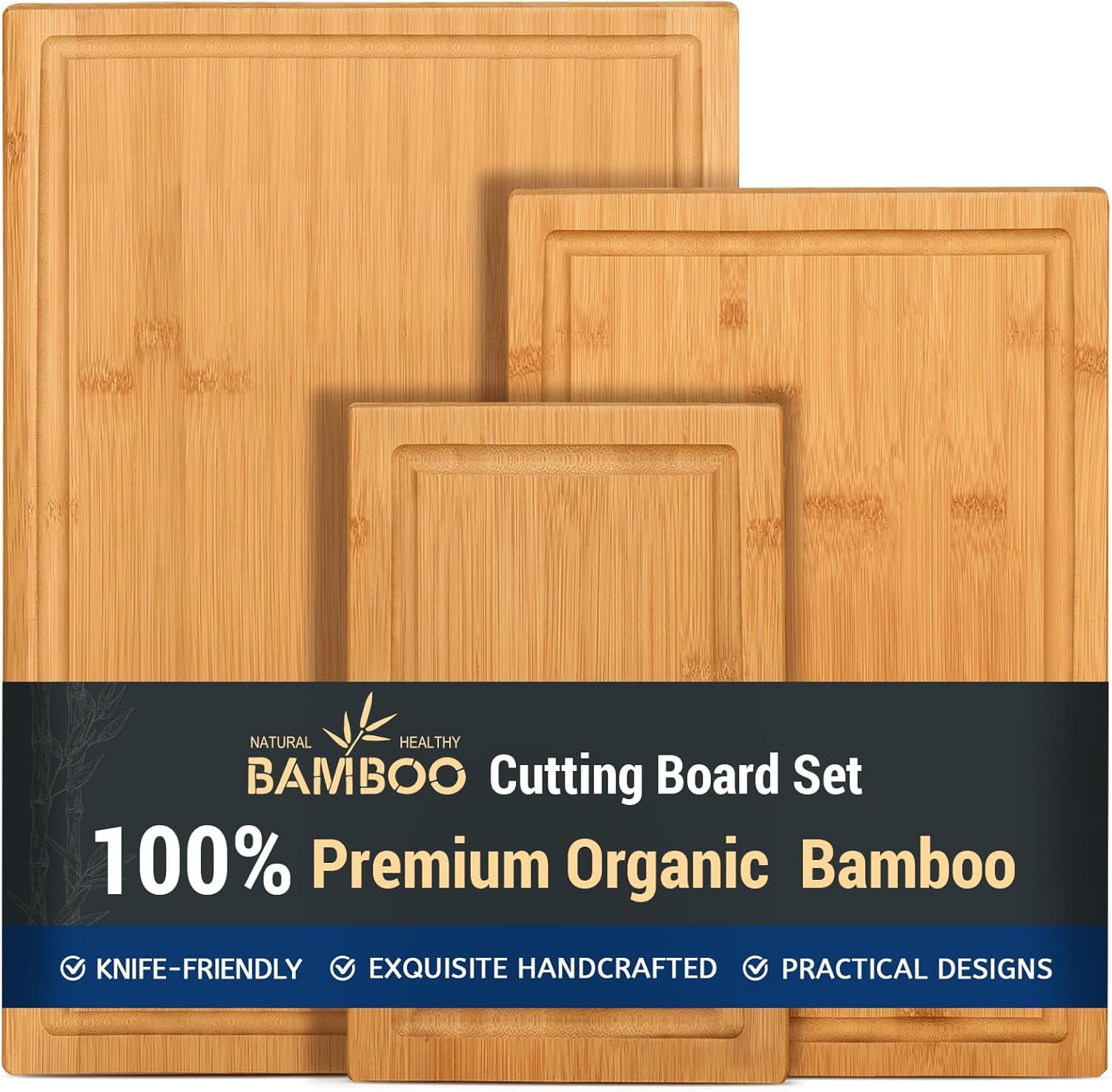 3-Piece Bamboo Cutting Boards for Kitchen, Heavy Duty Bamboo Cutting Board with Juice Groove, Wood Cutting Board Set for Meat, Vegetables