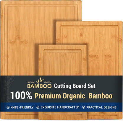 3-Piece Bamboo Cutting Boards for Kitchen, Heavy Duty Bamboo Cutting Board with Juice Groove, Wood Cutting Board Set for Meat, Vegetables