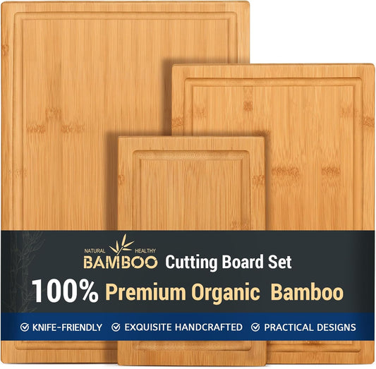 3-Piece Bamboo Cutting Boards for Kitchen, Heavy Duty Bamboo Cutting Board with Juice Groove, Wood Cutting Board Set for Meat, Vegetables