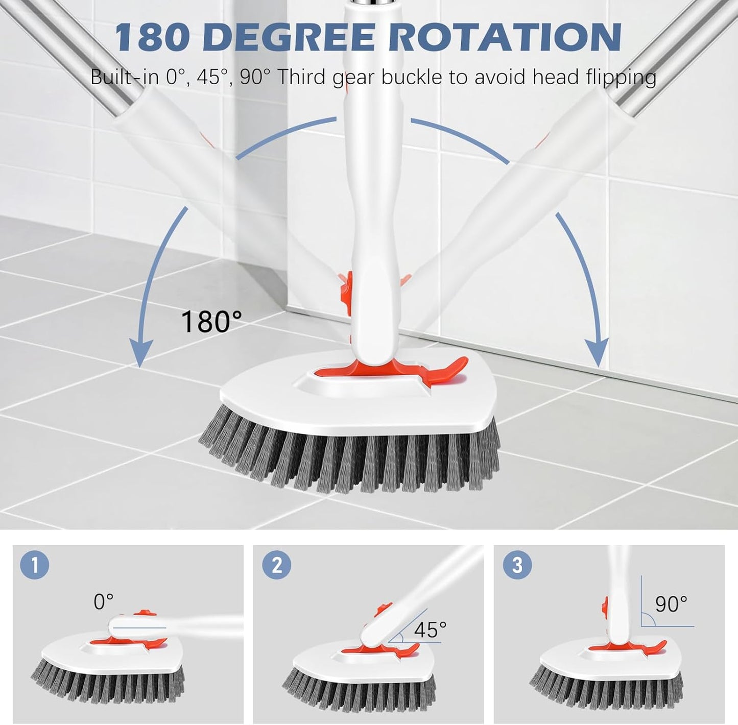 Floor Scrub Brush, 4-In-1 Tile Tub Floor Scrubber with Adjustable Long Handle Shower Cleaner Brush Comes with Window Scrubber for Cleaning Bathroom Kitchen Walls Tub Tile, Orange