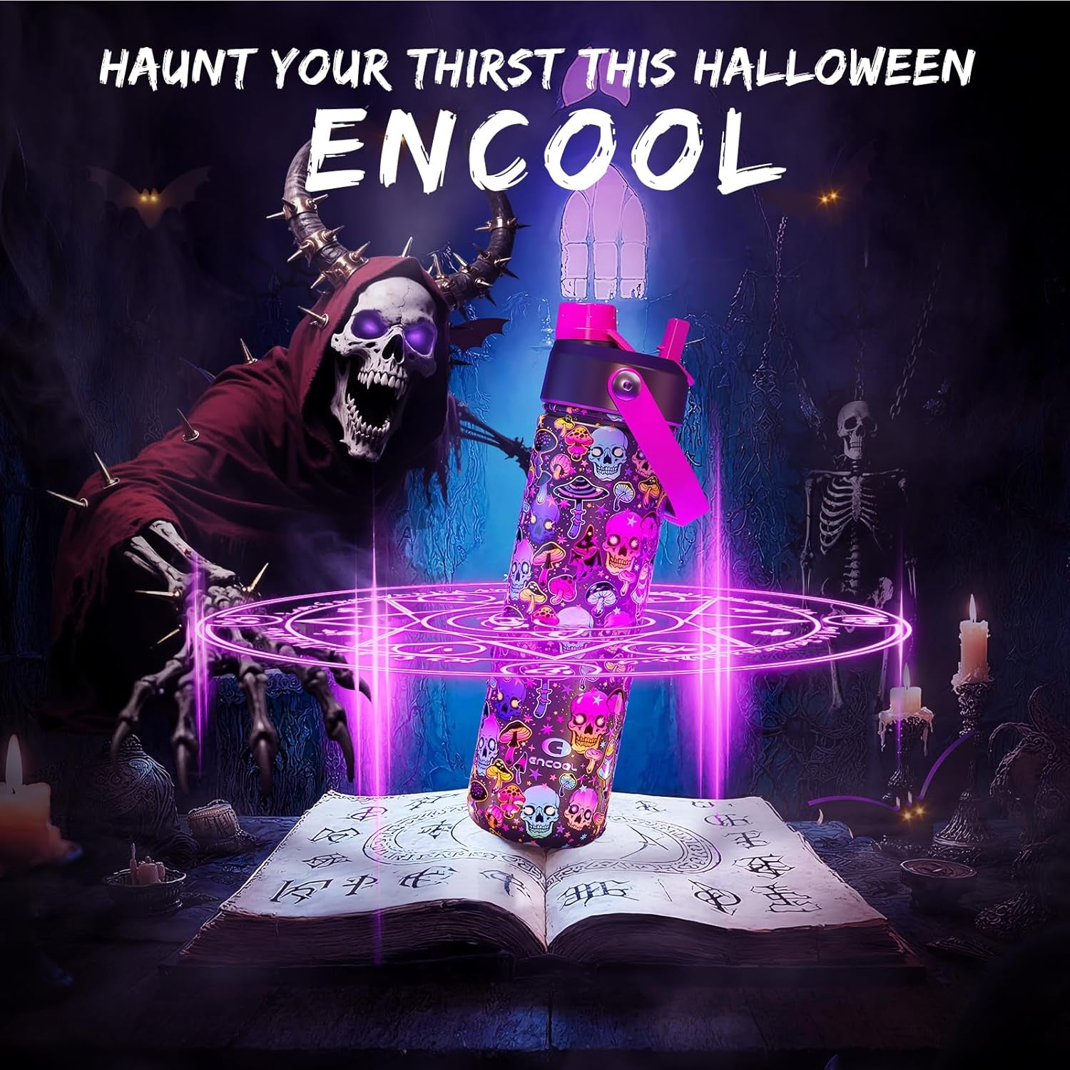 Halloween Insulated Water Bottle with Straw, Stainless Steel Water Bottle, Leak Proof Bpa-Free, Keeps Cold for 24 Hours for Sports, Skull Spooky Holiday Gifts (26 Oz, Trippy Skulls)