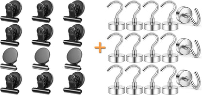 12Pack Fridge Magnets Refrigerator Magnets Magnetic Clips, 15Pack 25LBS Magnetic Hooks Heavy Duty Neodymium Magnet Hooks