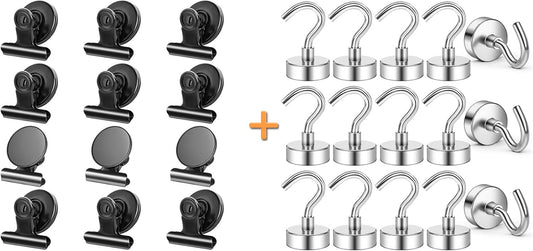 12Pack Fridge Magnets Refrigerator Magnets Magnetic Clips, 15Pack 25LBS Magnetic Hooks Heavy Duty Neodymium Magnet Hooks