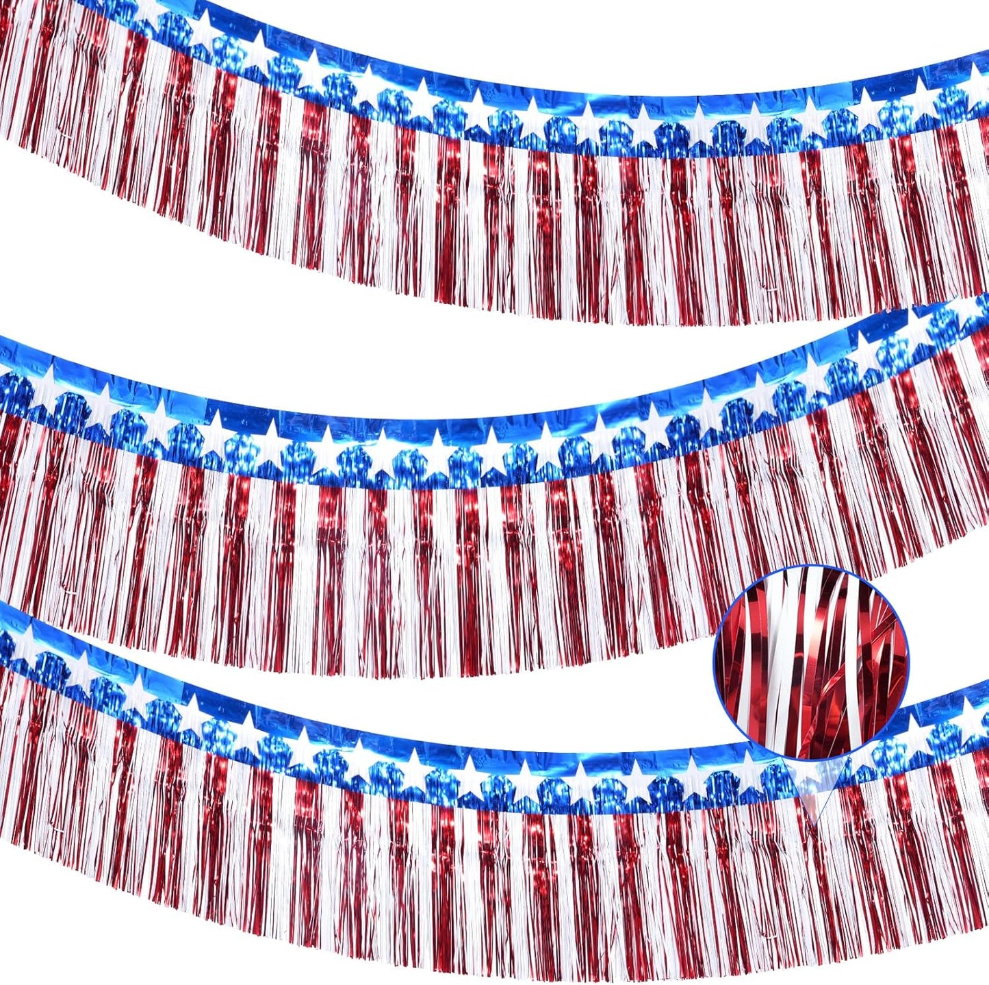 3Pack 30Ft 4Th of July Decorations Banner USA Stars Foil Fringe Garland Tinsel Streamers Red White and Blue Flag for Independent Memorial Veterans Day Patriotic Party Indoor Outdoor Decorations