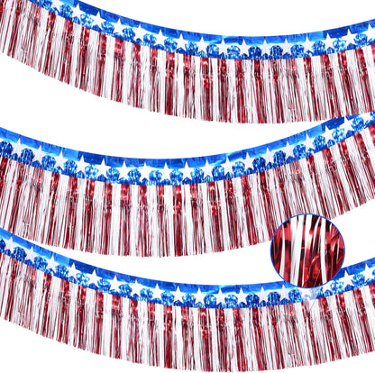 3Pack 30Ft 4Th of July Decorations Banner USA Stars Foil Fringe Garland Tinsel Streamers Red White and Blue Flag for Independent Memorial Veterans Day Patriotic Party Indoor Outdoor Decorations