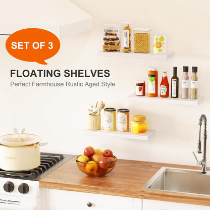 3 Packs Floating Shelves for Room Wall Accent Mounted Bookshelf Storage Bathroom Bedroom Living Room Hanging Kitchen Display Office Plant Book Gaming Dorm Decor Bath Cute Shelf Decore Decir White Wood