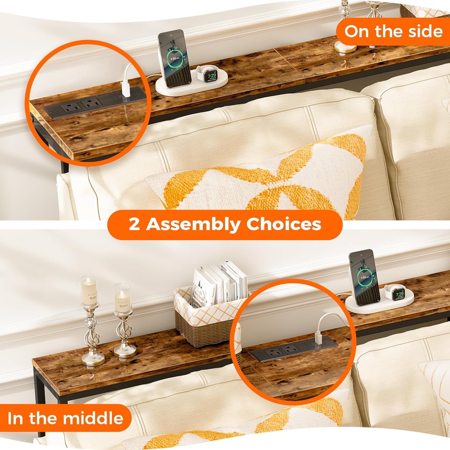 70-Inch Rustic Brown Console Table with Built-in Charging Station, Ideal for Living Room and Entryway Spaces