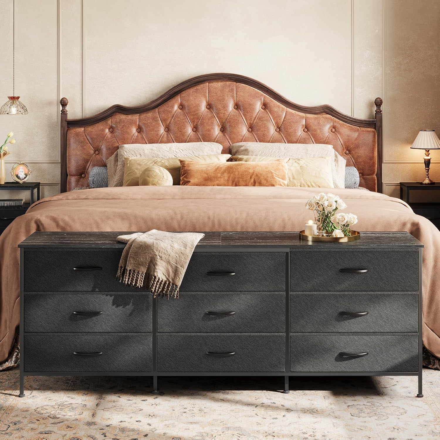 63-Inch Black Dresser and Entertainment Center with 9 Drawers, Suitable for 55 to 70 Inch TVs, Ideal for Bedroom and Closet Storage