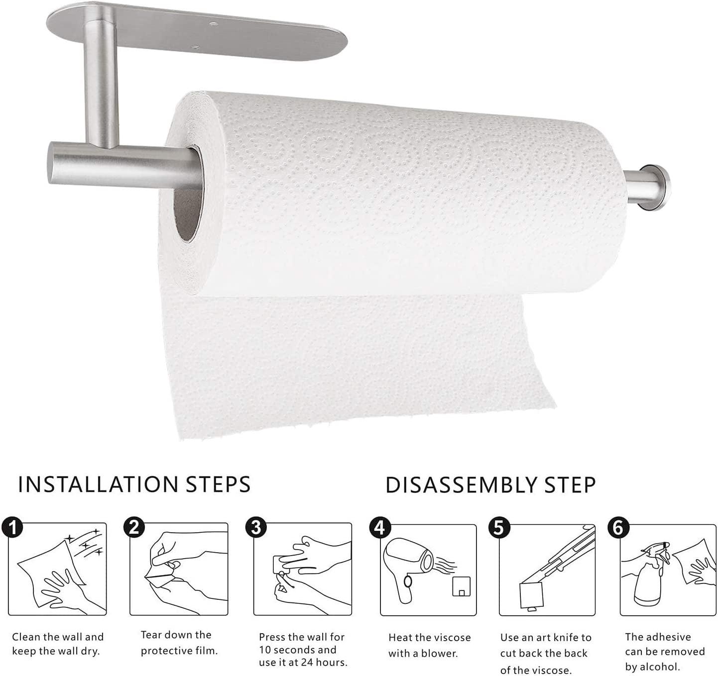 Paper Towel Holders for Kitchen,Paper Towels Bulk- Self-Adhesive under Cabinet,Both Available in Adhesive and Screws,Stainless Steel