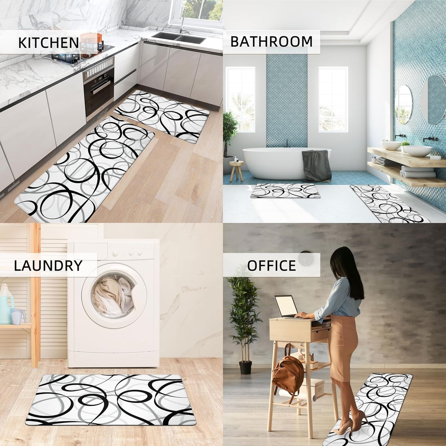 Kitchen Mats Cushioned anti Fatigue Kitchen Rugs Sets of 2 Black White Grey Memory Foam Padded Kitchen Floor Mat Non Slip Waterproof Comfort Standing Mats for Sink Laundry Office