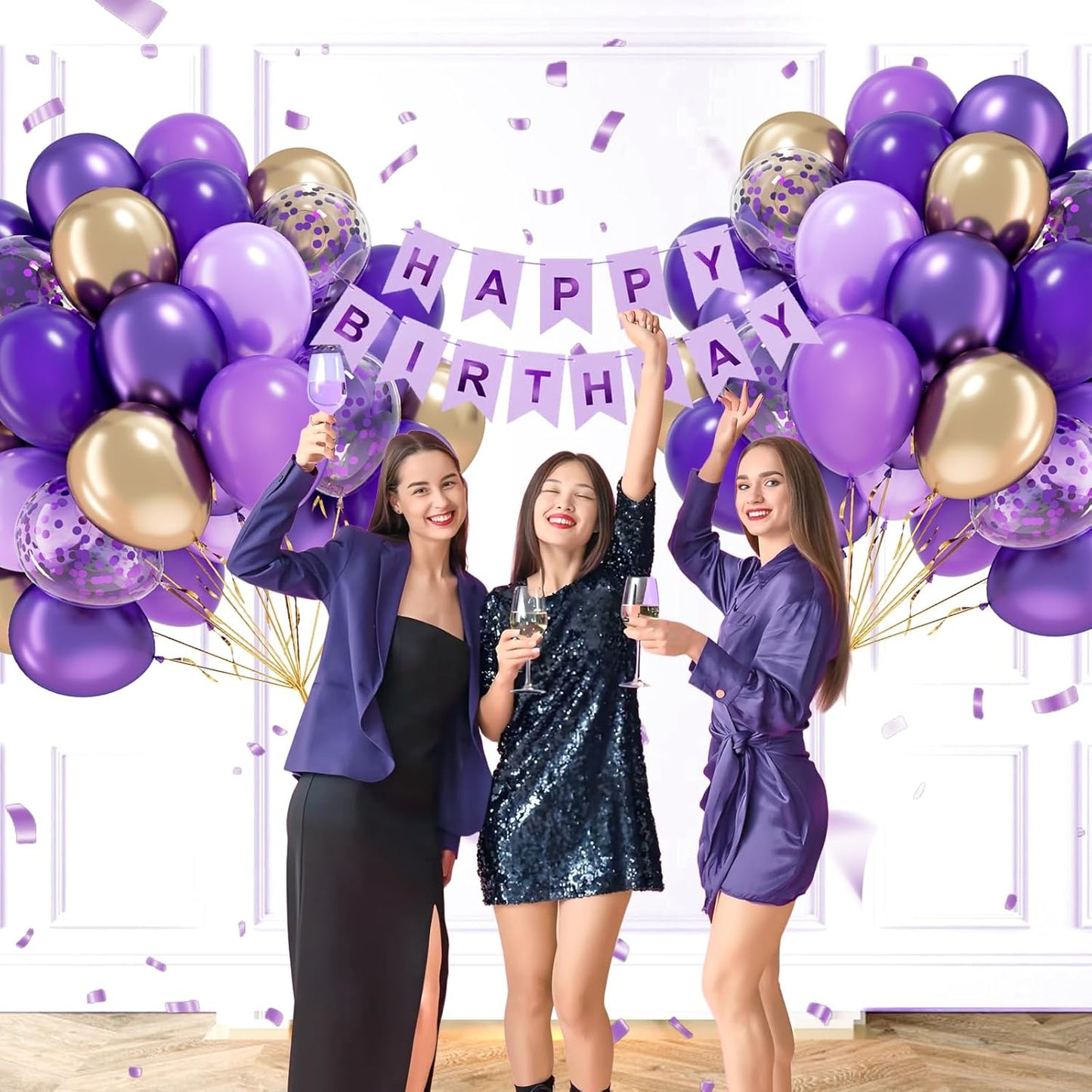 60Pcs Purple and Gold Balloons 12Inch with Dark Purple Metallic Gold Confetti Latex Balloons for Graduation Wedding Baby Shower Birthday Party Decorations