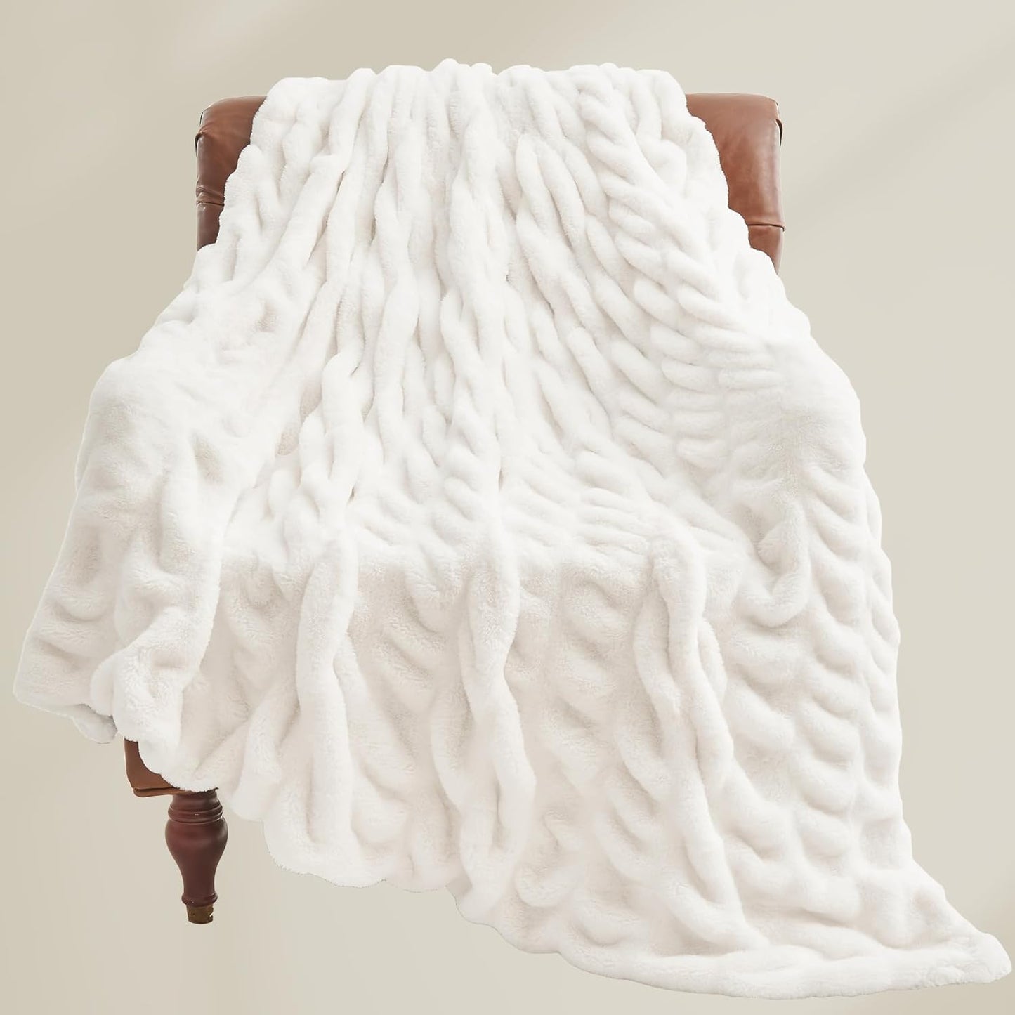 Faux Fur Throw Blanket for Couch, Soft and Cozy Boho Ruched Fluffy Blanket, Warm Plush Fuzzy Faux Rabbit Fur Blanket for Women Gift (Cream, 50"X 60")