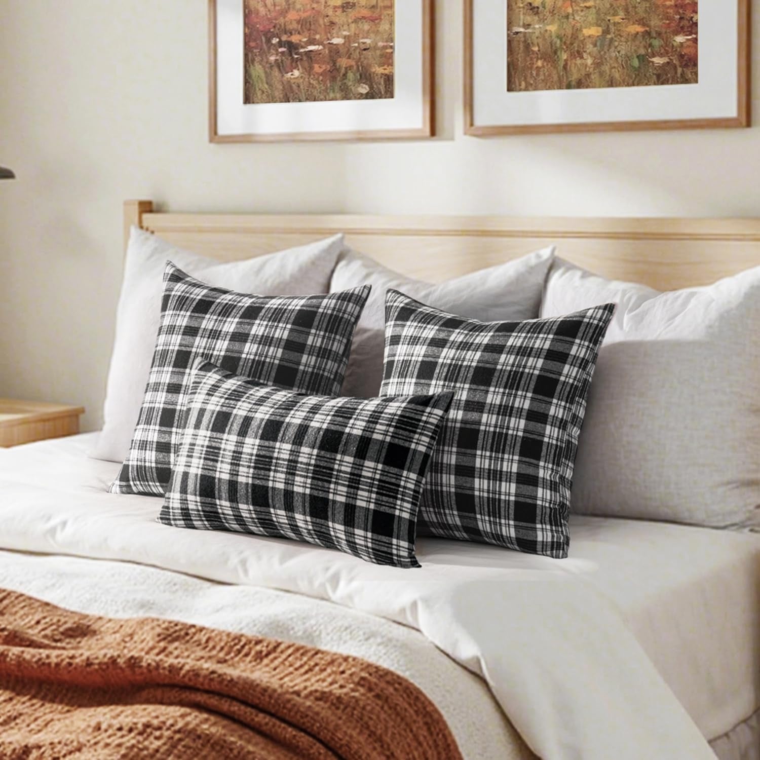 Scottish Tartan Plaid Throw Pillow Covers - Set of 2, 18x18 Inch Black and White Decorative Cushions for Farmhouse Style Outdoor Halloween and Thanksgiving Decor