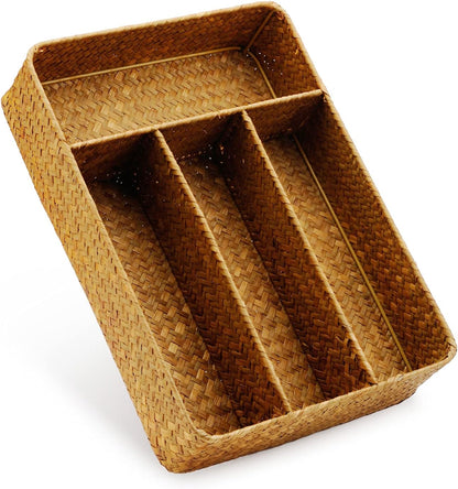 Seagrass Storage Basket with Compartments Utensil Tray for Organization Silverware Flatware Rectangular Shelf Baskets with 4 Sections Natural