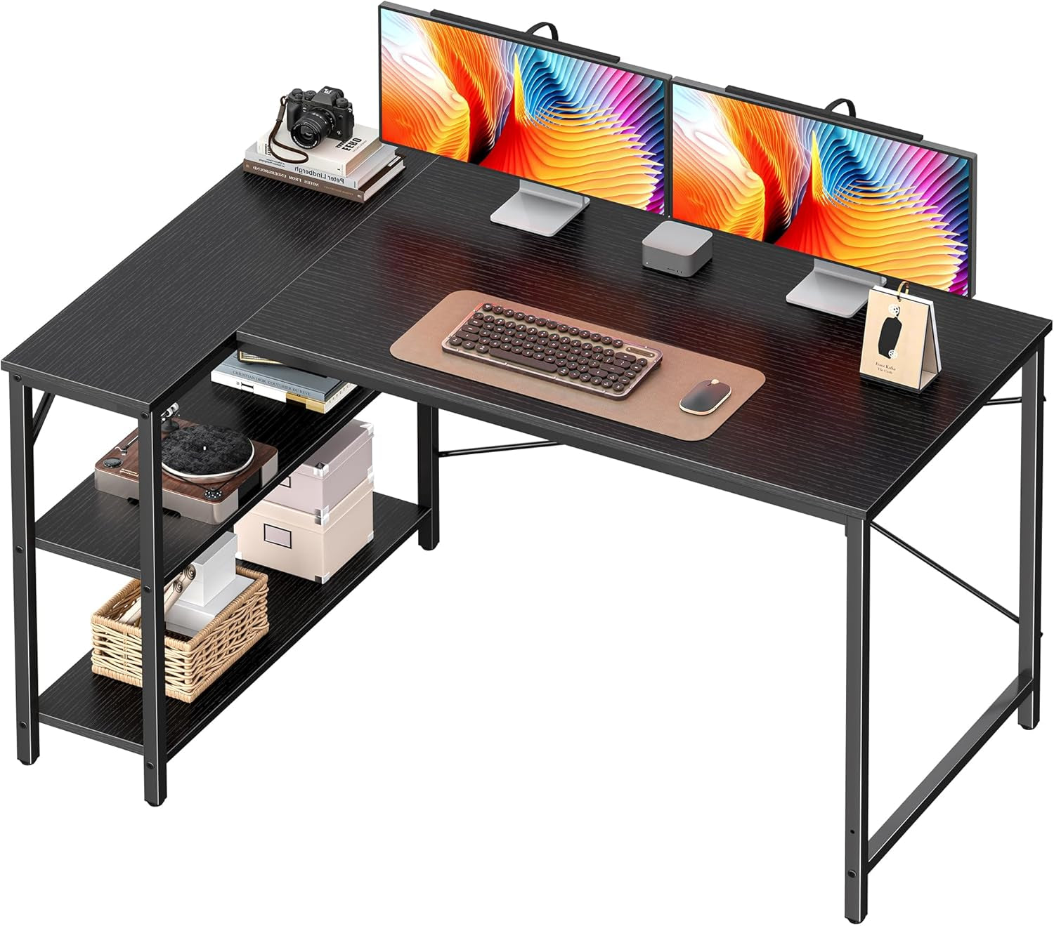 L-Shaped Computer Desk, 47-Inch Home Office Writing and Gaming Station with Reversible Storage Shelves and Metal Frame, Black