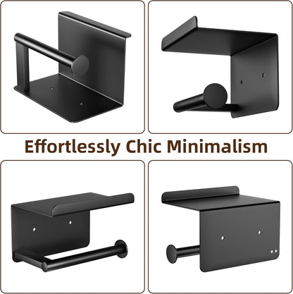 Adhesive Toilet Paper Holder with Phone Shelf, Wall Mounted Toilet Paper Roll Holder, Rustproof Bathroom Tissue Roll Holder with Shelf, Sticky Toilet Paper Roll Holder- Matte Black…