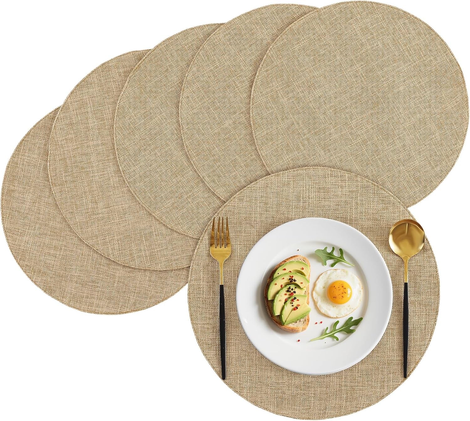 15 Inch round Cloth Placemats Set of 6, Cotton Linen Blend Washable Table Mats, Farmhouse Dining Place Mats for Indoors & Outdoors, Easy to Clean, Linen
